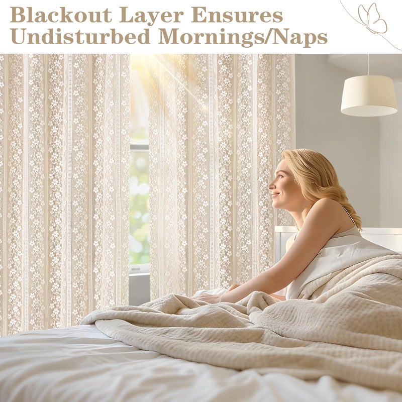 ASPMIZ Beige Blackout Curtains for Bedroom 84 inch Long, Double Layer Curtains for Living Room Light Blocking Grommet Drapes with Lace Overlay, Thermal Insulated Window Curtain Panels Set of 2, 52x84 - Image 5