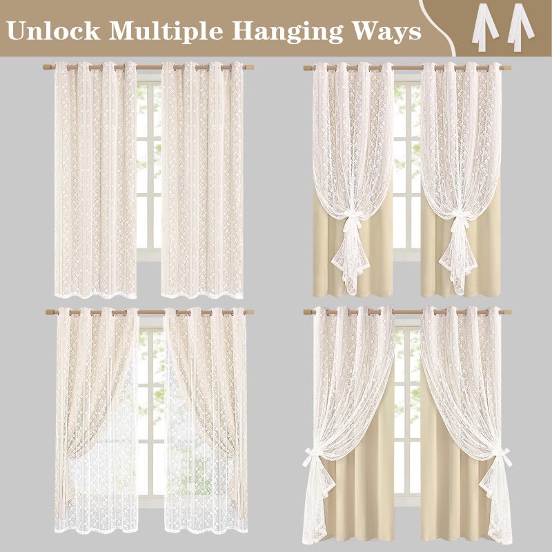 ASPMIZ Beige Blackout Curtains for Bedroom 84 inch Long, Double Layer Curtains for Living Room Light Blocking Grommet Drapes with Lace Overlay, Thermal Insulated Window Curtain Panels Set of 2, 52x84 - Image 4