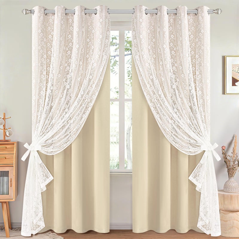 ASPMIZ Beige Blackout Curtains for Bedroom 84 inch Long, Double Layer Curtains for Living Room Light Blocking Grommet Drapes with Lace Overlay, Thermal Insulated Window Curtain Panels Set of 2, 52x84 - Image 1