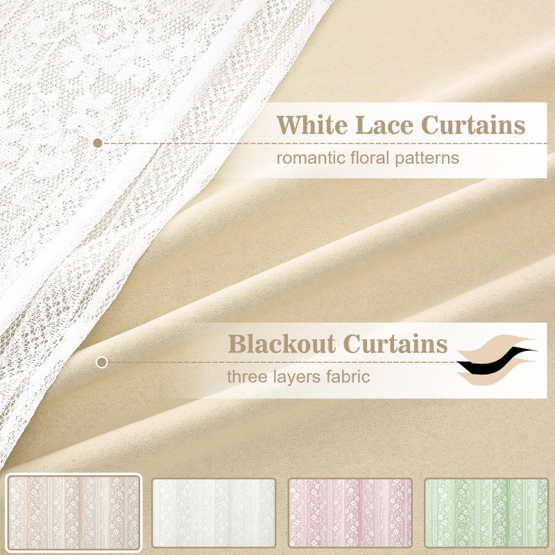 ASPMIZ Beige Blackout Curtains for Bedroom 84 inch Long, Double Layer Curtains for Living Room Light Blocking Grommet Drapes with Lace Overlay, Thermal Insulated Window Curtain Panels Set of 2, 52x84 - Image 3