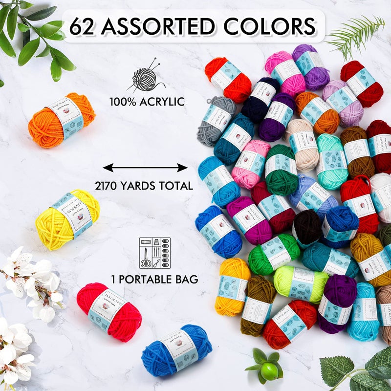 INSCRAFT 62 Acrylic Yarn Skeins, 2170 Yards Yarn for Knitting and Crochet, Includes 2 Crochet Hooks,2 Weaving Needles,10 Stitch Markers, Perfect Beginner Kit for for Adults Kids - Image 4