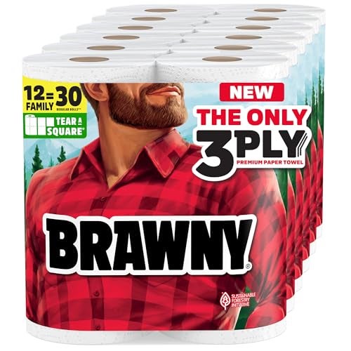 Brawny Tear-A-Square 3-Ply Paper Towels, 12 XL Family Rolls = 30 Regular Rolls, Strong, Absorbent, and Durable with 3 Sheet Sizes (Quarter, Half, Full) - Image 1