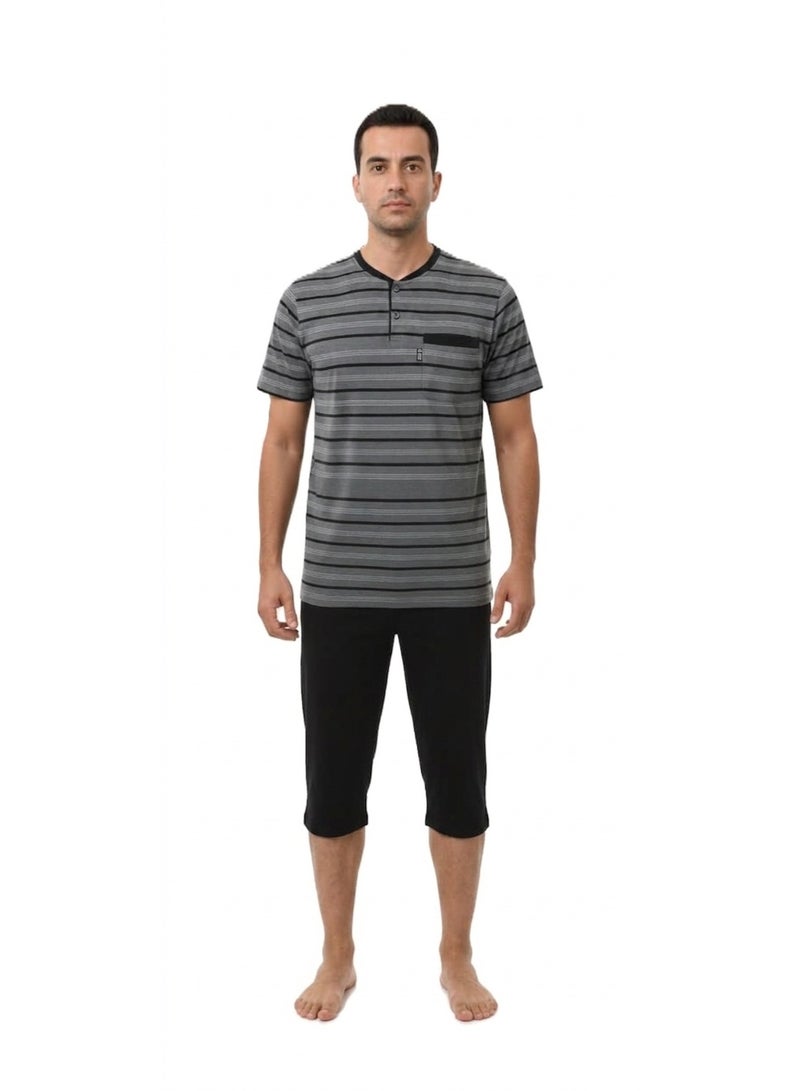 Men Summer Pajama Set Striper Top & Plain Pantacurt