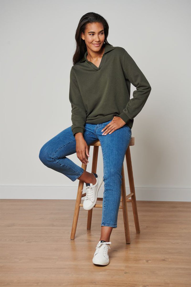 Tchibo Women Spread Collar Plain Long Sleeve Sweatshirt, Dark Olive - Image 1