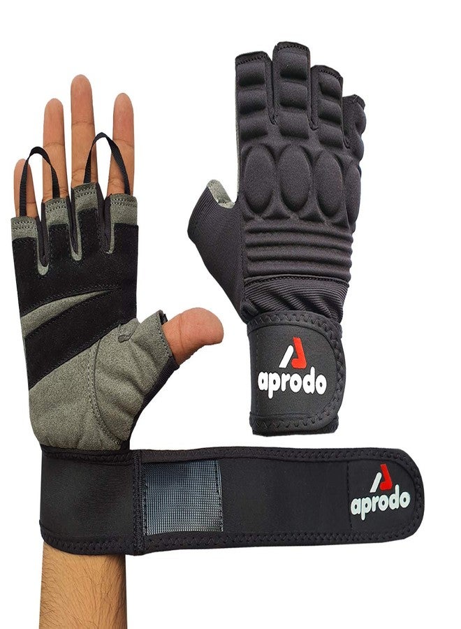 Aprodo Sports Leather Fitness Gloves Gym Workout Gloves with Wrist Support & Padded Knuckle Protector (Pack of 1 Pair) (Black and Grey, Large) - Image 2