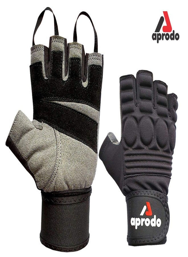Aprodo Sports Leather Fitness Gloves Gym Workout Gloves with Wrist Support & Padded Knuckle Protector (Pack of 1 Pair) (Black and Grey, Large) - Image 5