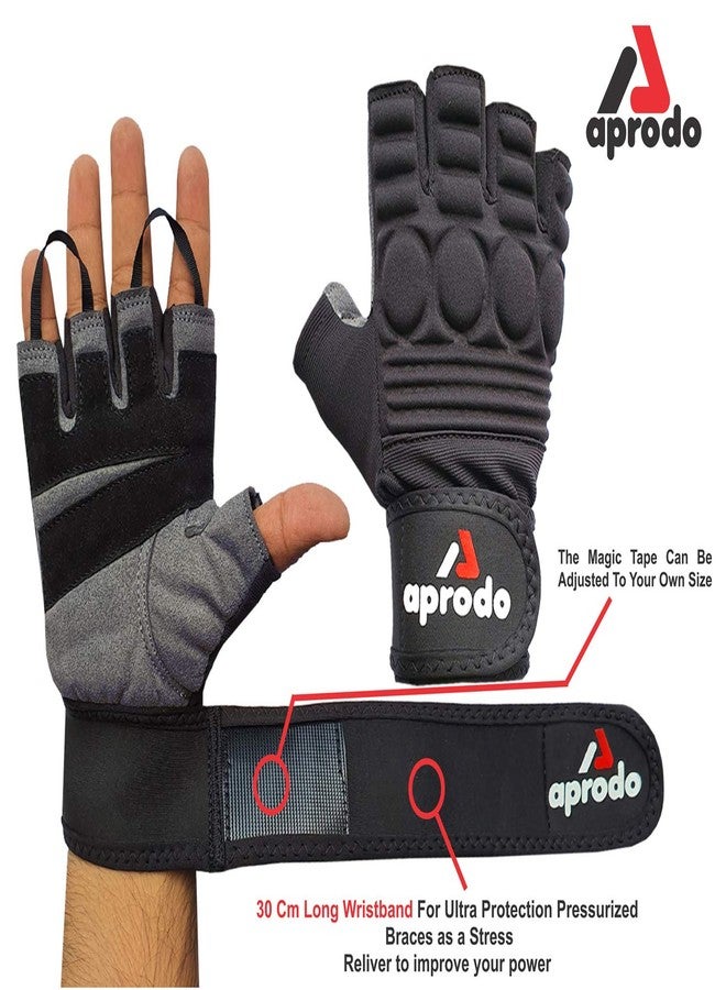 Aprodo Sports Leather Fitness Gloves Gym Workout Gloves with Wrist Support & Padded Knuckle Protector (Pack of 1 Pair) (Black and Grey, Large) - Image 3