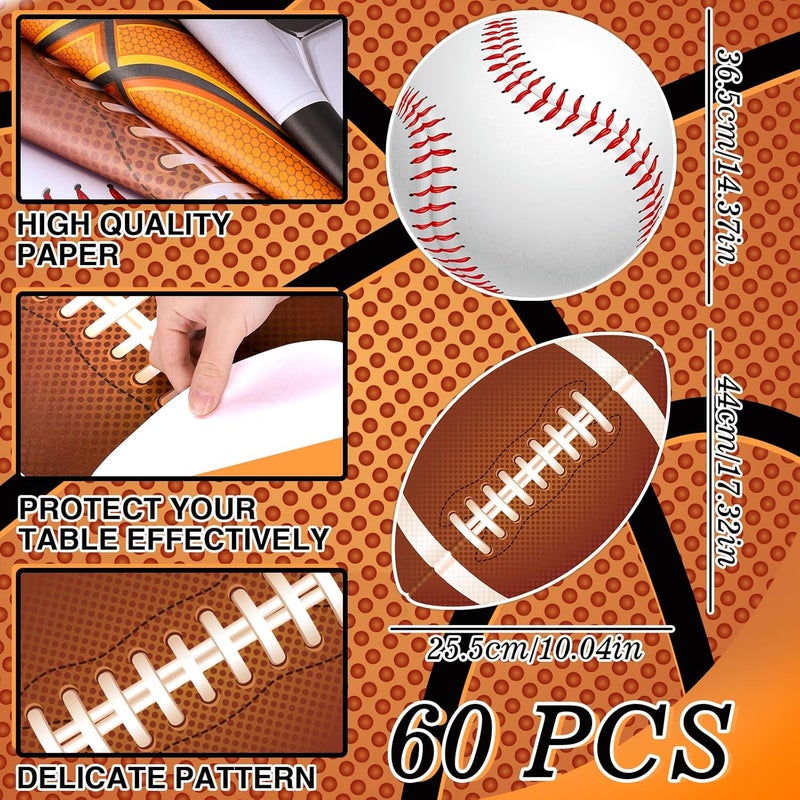 Whaline وهايلين 60 قطعة حصائر ورقية رياضية قابلة للتصرف حصائر روجبي حصائر كرة سلة كرة قاعدة كرة قدم حصائر طاولة ورقية دائرية زينة للطاولة للمنزل والمطبخ وطاولة العشاء ولوازم حفلات عيد الميلاد - Image 2