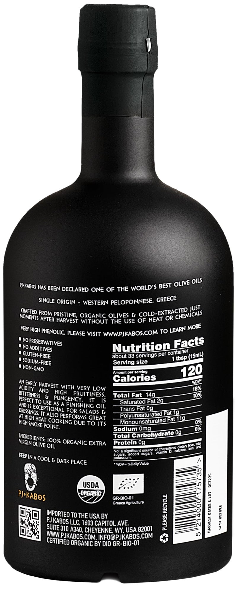 P.J. KABOS PJ KABOS 2025 Gold Award Winner, Very High Phenolic (750+ mg/kg), USDA Organic Greek Extra Virgin Olive Oil, Kosher, Greece, Cold Extracted, 16.9oz Bottle, Family Reserve Organic - Robust - Image 2