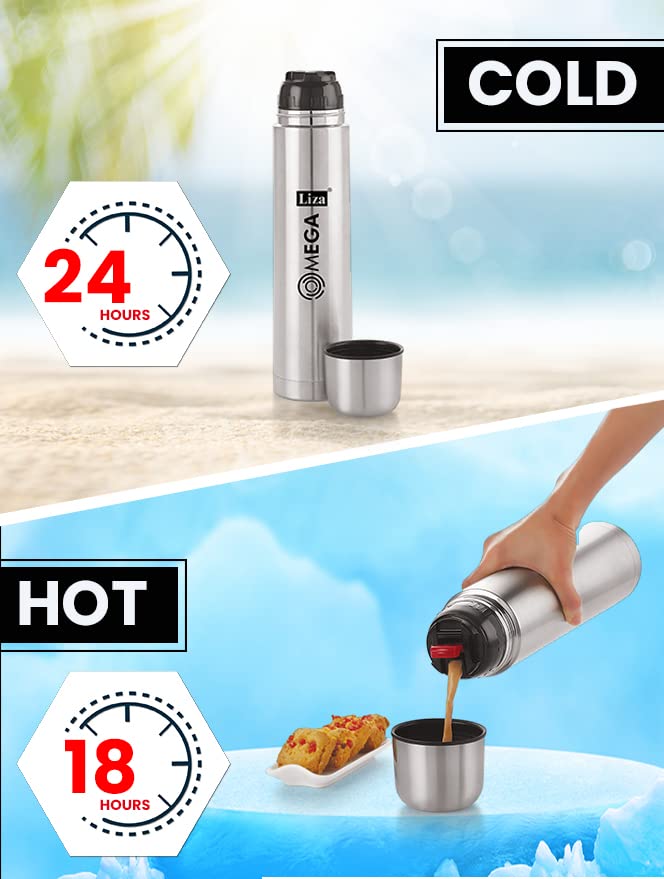 Liza Liza Stainless Steel Insulated 24 Hours Hot or Cold Bottle Flask with Flip Lid and Cover, (1000ml, Silver) - Image 2
