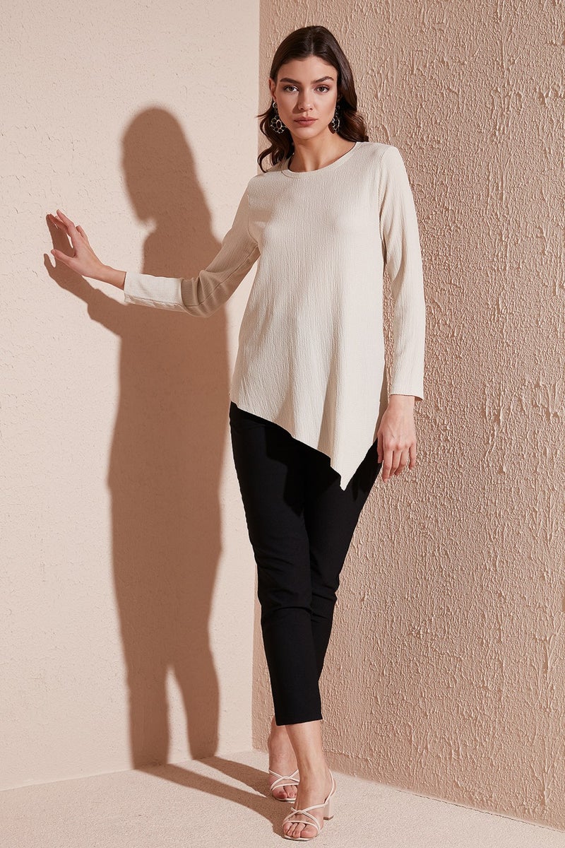 Lela Crew Neck Stretchy Textured Asymmetric Blouse Women's Blouse 5864971  - Image 1