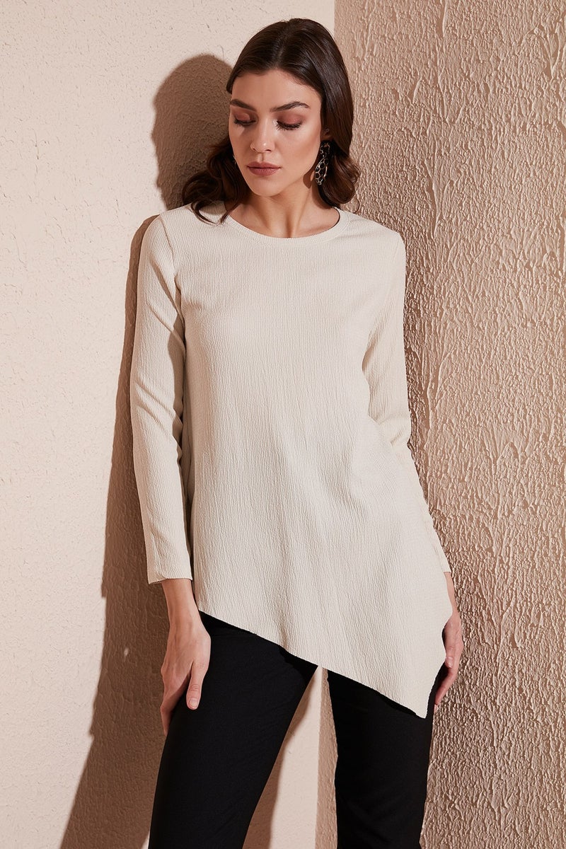 Lela Crew Neck Stretchy Textured Asymmetric Blouse Women's Blouse 5864971  - Image 2