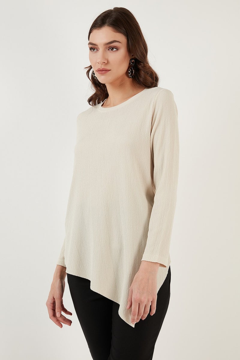 Lela Crew Neck Stretchy Textured Asymmetric Blouse Women's Blouse 5864971  - Image 3