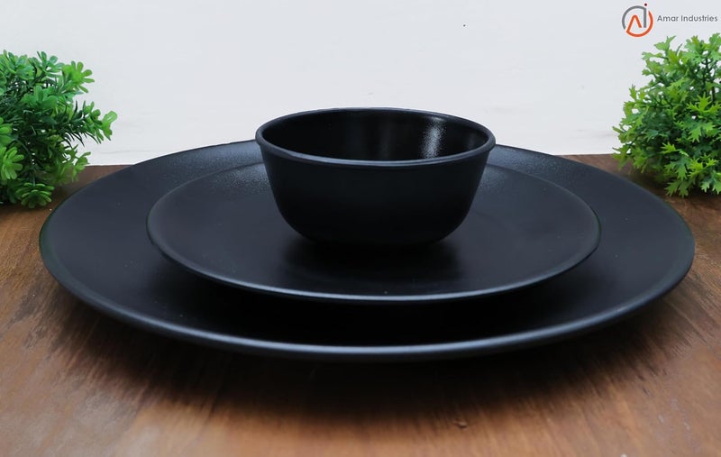 Amar Industries Melamine Dinner Set Elegant Unabreakable Matte Black Spiral Design Full Plates Half Plates with Bowl Set of 3 - Image 2