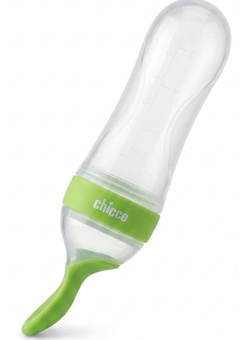 Chicco Silicone Baby Spoon Feeder Bottle 90ML BPA Free Squeeze Feeding Bottle for Puree Cereal and Baby Food Weaning Baby Food Dispensing Spoon Bottle with Dust Cover Soft Silicone Feeder for Infants Toddlers and Travel Feeding - Green - Image 1