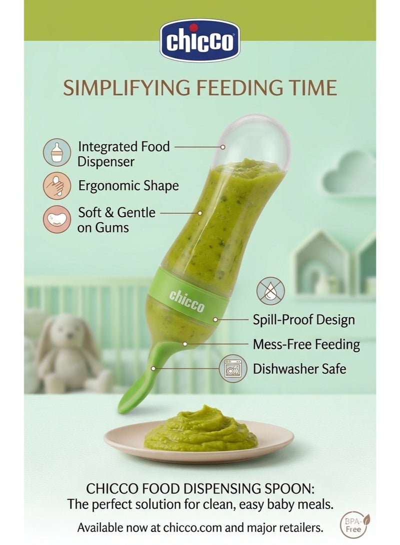 Chicco Silicone Baby Spoon Feeder Bottle 90ML BPA Free Squeeze Feeding Bottle for Puree Cereal and Baby Food Weaning Baby Food Dispensing Spoon Bottle with Dust Cover Soft Silicone Feeder for Infants Toddlers and Travel Feeding - Green - Image 3