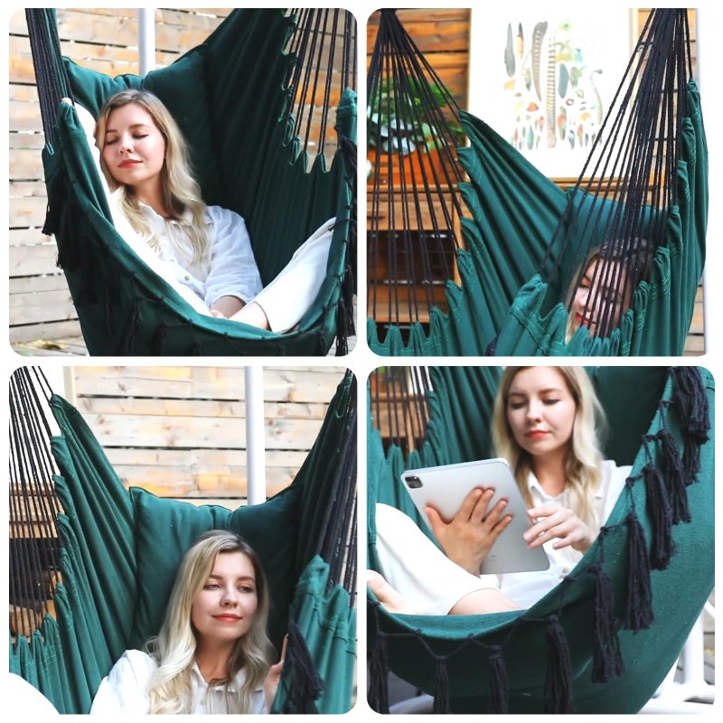 Y- STOP Hammock Chair Hanging Rope Swing, Max 500 Lbs, 2 Cushions Included, Large Macrame Hanging Chair with Pocket for Superior Comfort, with Hardware Kit, Green - Image 5