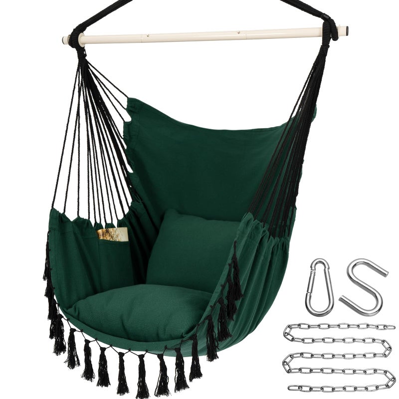 Y- STOP Hammock Chair Hanging Rope Swing, Max 500 Lbs, 2 Cushions Included, Large Macrame Hanging Chair with Pocket for Superior Comfort, with Hardware Kit, Green - Image 1