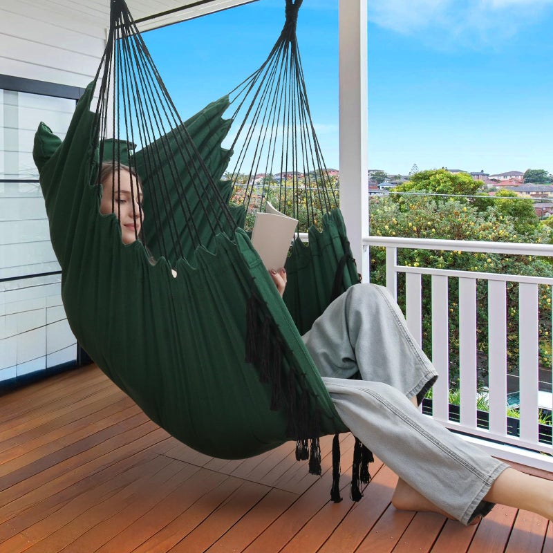 Y- STOP Hammock Chair Hanging Rope Swing, Max 500 Lbs, 2 Cushions Included, Large Macrame Hanging Chair with Pocket for Superior Comfort, with Hardware Kit, Green - Image 2