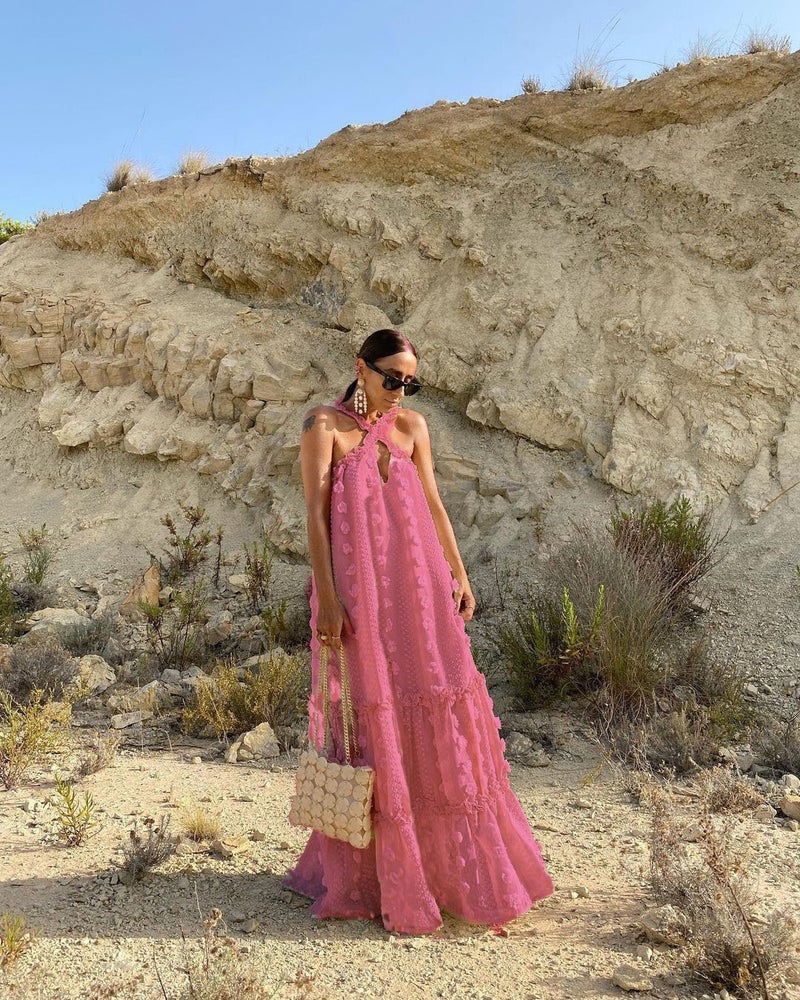 Fashionable Halter Neck 3D Flower Printed Long Dress Egg Cake Dress Cross-Border WT02 European And American Style For Special Oc Rose Red  - Image 1