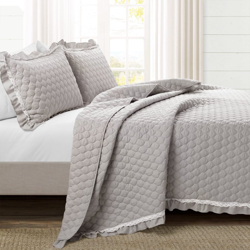 Lush Decor Ella Ruffle Lace Quilt, 3 Piece Set, King, Light Gray - Cute Quilt - King Bedding Set - Gray Bedding - Coquette Decor - Ruffle Trim - Lace Trim - Image 2