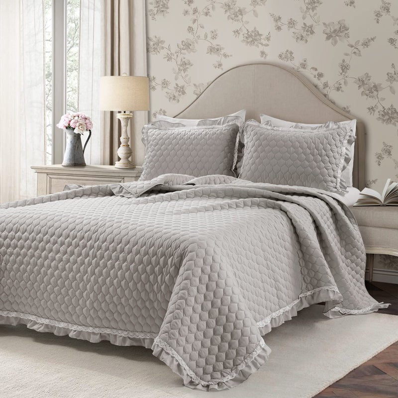 Lush Decor Ella Ruffle Lace Quilt, 3 Piece Set, King, Light Gray - Cute Quilt - King Bedding Set - Gray Bedding - Coquette Decor - Ruffle Trim - Lace Trim - Image 1
