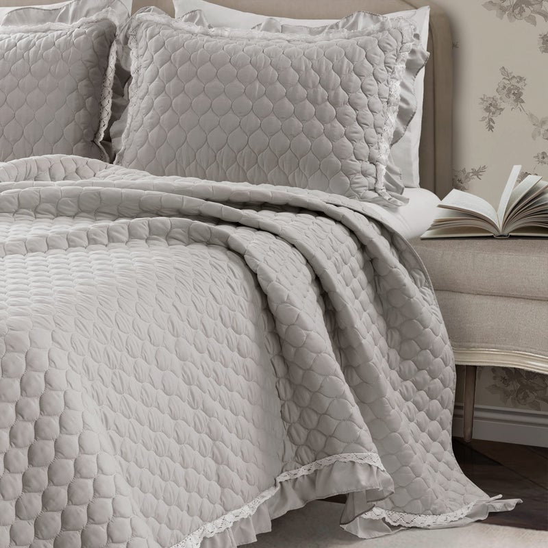 Lush Decor Ella Ruffle Lace Quilt, 3 Piece Set, King, Light Gray - Cute Quilt - King Bedding Set - Gray Bedding - Coquette Decor - Ruffle Trim - Lace Trim - Image 3