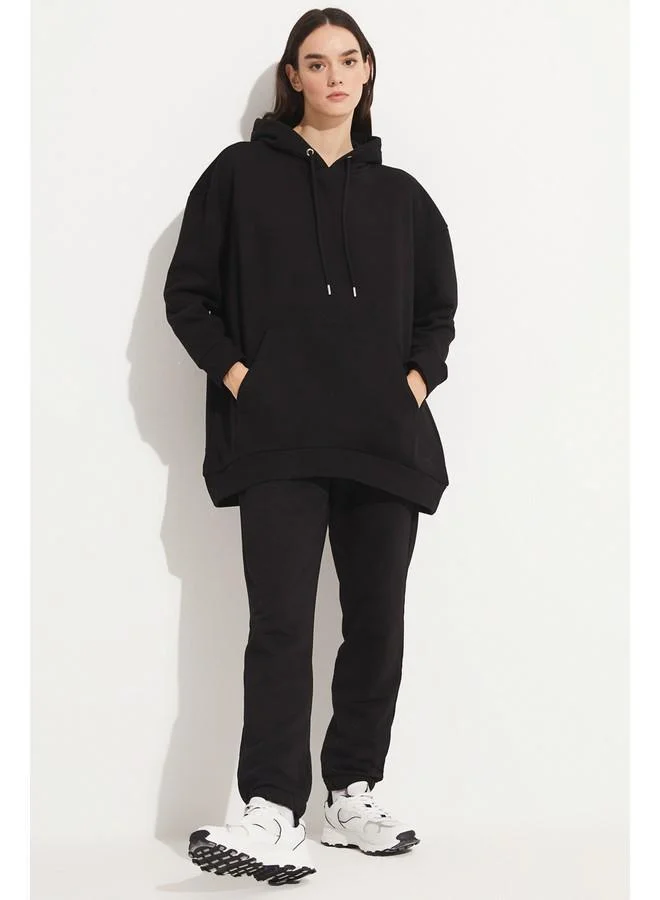 جون June Basic Thick Hooded Sweatshirt Black