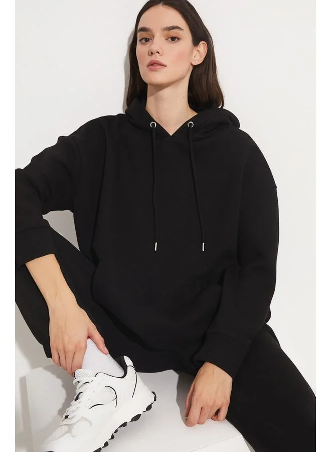 جون June Basic Thick Hooded Sweatshirt Black
