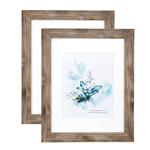 KAIWIN 100% Solid Wood Brown 11x14 Picture Frame 2 Pack Display Picture 8x10 with Mat, HD Glass Inside, Rustic Wooden Photo Frames for Wall Mounting - Image 1