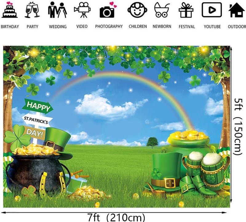 BUTEN St. Patrick's Day Photography Backdrop Spring Lucky Green Shamrock Hat Pot of Gold Coins Rainbow Background Irish Luck Day Festival Celebration Party Decor Banner Photo Prop (7X5FT(82 x 59 inch)) - Image 2