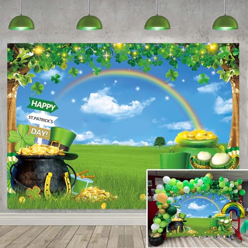 BUTEN St. Patrick's Day Photography Backdrop Spring Lucky Green Shamrock Hat Pot of Gold Coins Rainbow Background Irish Luck Day Festival Celebration Party Decor Banner Photo Prop (7X5FT(82 x 59 inch)) - Image 1