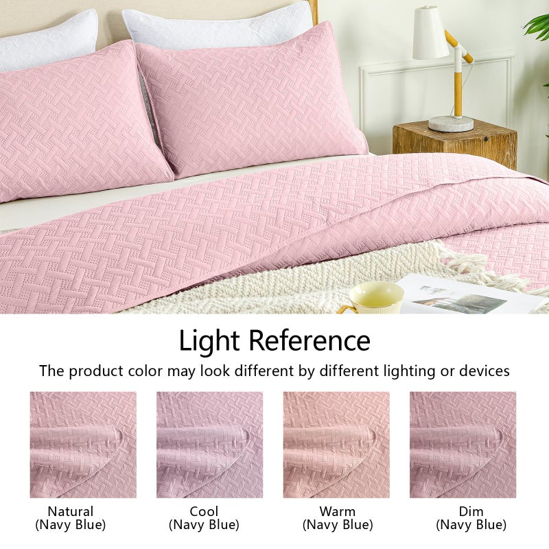 FLYMME King Size Quilt Bedding Set Pink Lightweight Bedspreads Set,Modern Style Geometric Weave Stripe Pattern,Soft Microfiber Bed Coverlet 3 Pieces (1 Quilt, 2 Shams) - Image 5