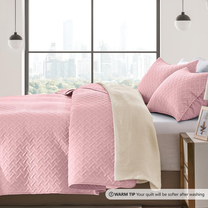 FLYMME King Size Quilt Bedding Set Pink Lightweight Bedspreads Set,Modern Style Geometric Weave Stripe Pattern,Soft Microfiber Bed Coverlet 3 Pieces (1 Quilt, 2 Shams) - Image 4