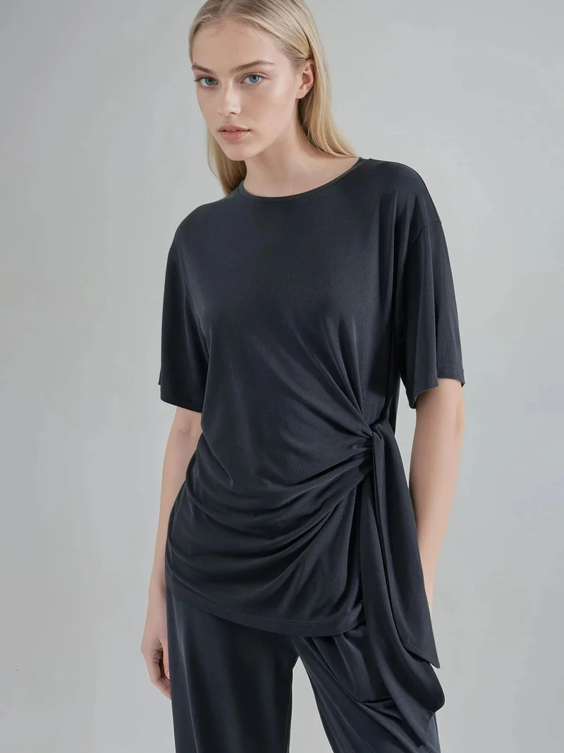 بوسيم BUSEM Loose Fit Crew Neck Modal Blouse with Tie Detail