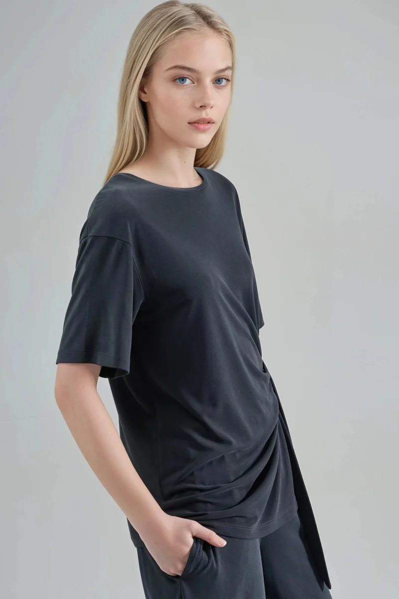 بوسيم BUSEM Loose Fit Crew Neck Modal Blouse with Tie Detail