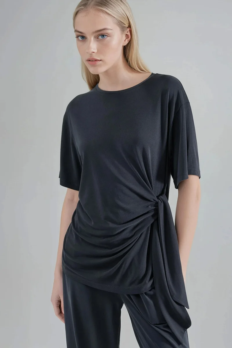 بوسيم BUSEM Loose Fit Crew Neck Modal Blouse with Tie Detail