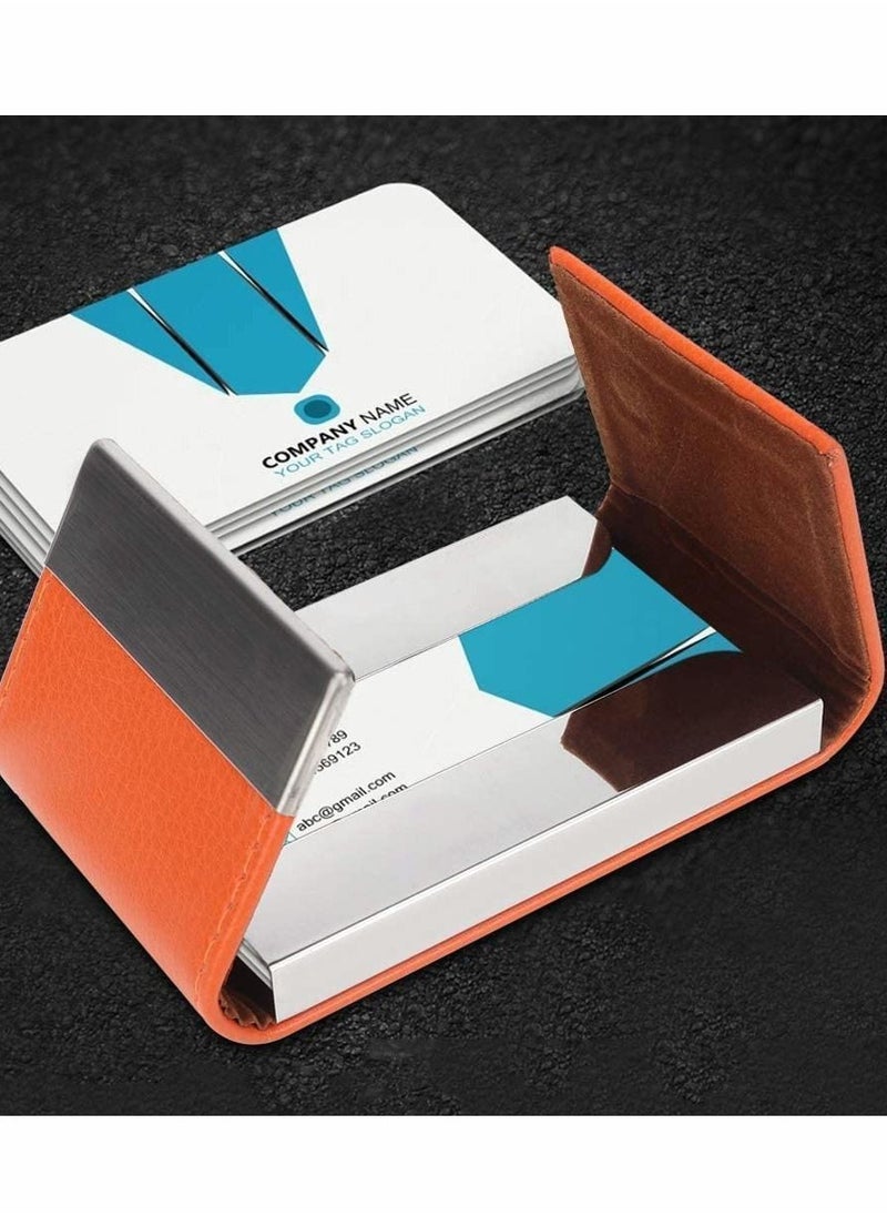 Y&D - Business Card Holder, Metal Case Pocket, Holder for Women Men, Professional PU Leather Holders Orange - Image 1