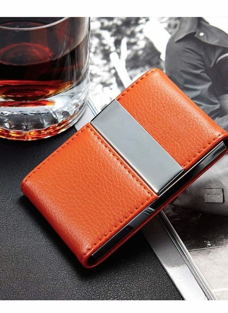 Y&D - Business Card Holder, Metal Case Pocket, Holder for Women Men, Professional PU Leather Holders Orange - Image 1