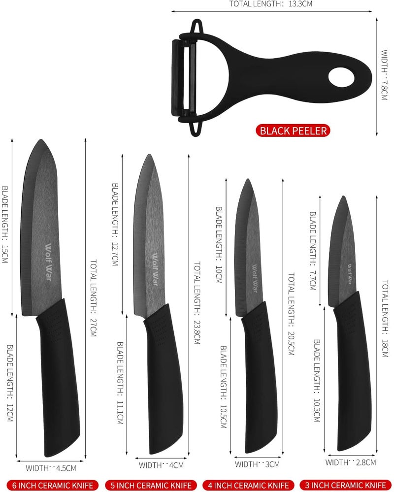 Wolf War Kitchen Ceramic Knife Set Professional Knife With Sheaths, Super Sharp Rust Proof Stain Resistant (6" Chef Knife, 5" Utility Knife, 4" Fruit Knife, 3" Paring Knife, One Peeler) - Image 2