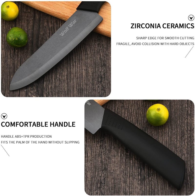 Wolf War Kitchen Ceramic Knife Set Professional Knife With Sheaths, Super Sharp Rust Proof Stain Resistant (6" Chef Knife, 5" Utility Knife, 4" Fruit Knife, 3" Paring Knife, One Peeler) - Image 3