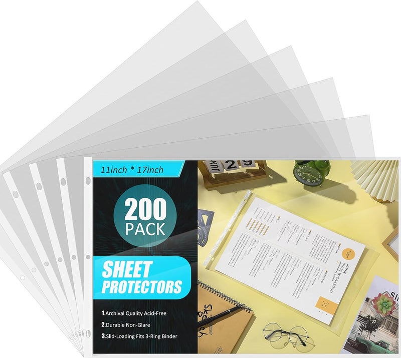 Glenmal حماية الصفحات من جلينمال 200 حزمة 11 × 17 بوصة 3 ثقوب واقيات صفحات واضحة ثقيلة للملفات ذات 3 حلقات - Image 1