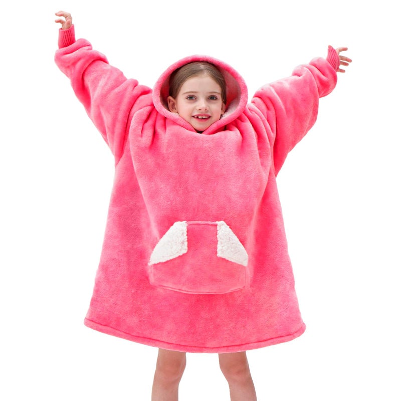 Touchat Wearable Blanket Hoodie Oversized Sherpa Blanket Sweatshirt with Hood Pocket and Sleeves Super Soft Warm Plush Hooded Blanket for Kids and Girls One Size Fits All Pink