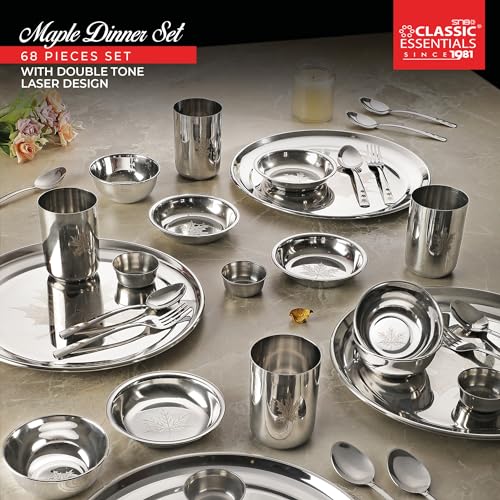 Classic Essentials Stainless Steel Dinner Set | Heavy Gauge Stainless Steel Dinner Set | Kitchen Set for Home | Maple Lazer Design Dinner Set | Shagun Set | Bartan Set, Set of 68 - Image 2