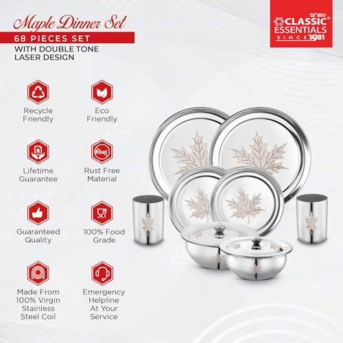 Classic Essentials Stainless Steel Dinner Set | Heavy Gauge Stainless Steel Dinner Set | Kitchen Set for Home | Maple Lazer Design Dinner Set | Shagun Set | Bartan Set, Set of 68 - Image 3