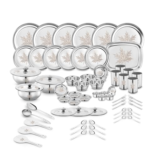 Classic Essentials Stainless Steel Dinner Set | Heavy Gauge Stainless Steel Dinner Set | Kitchen Set for Home | Maple Lazer Design Dinner Set | Shagun Set | Bartan Set, Set of 68 - Image 1