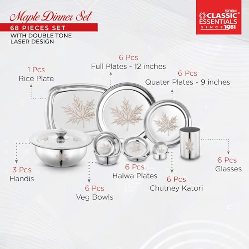 Classic Essentials Stainless Steel Dinner Set | Heavy Gauge Stainless Steel Dinner Set | Kitchen Set for Home | Maple Lazer Design Dinner Set | Shagun Set | Bartan Set, Set of 68 - Image 4