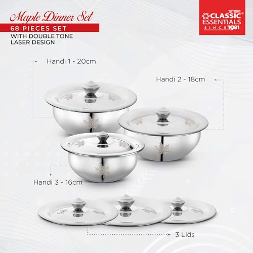 Classic Essentials Stainless Steel Dinner Set | Heavy Gauge Stainless Steel Dinner Set | Kitchen Set for Home | Maple Lazer Design Dinner Set | Shagun Set | Bartan Set, Set of 68 - Image 5