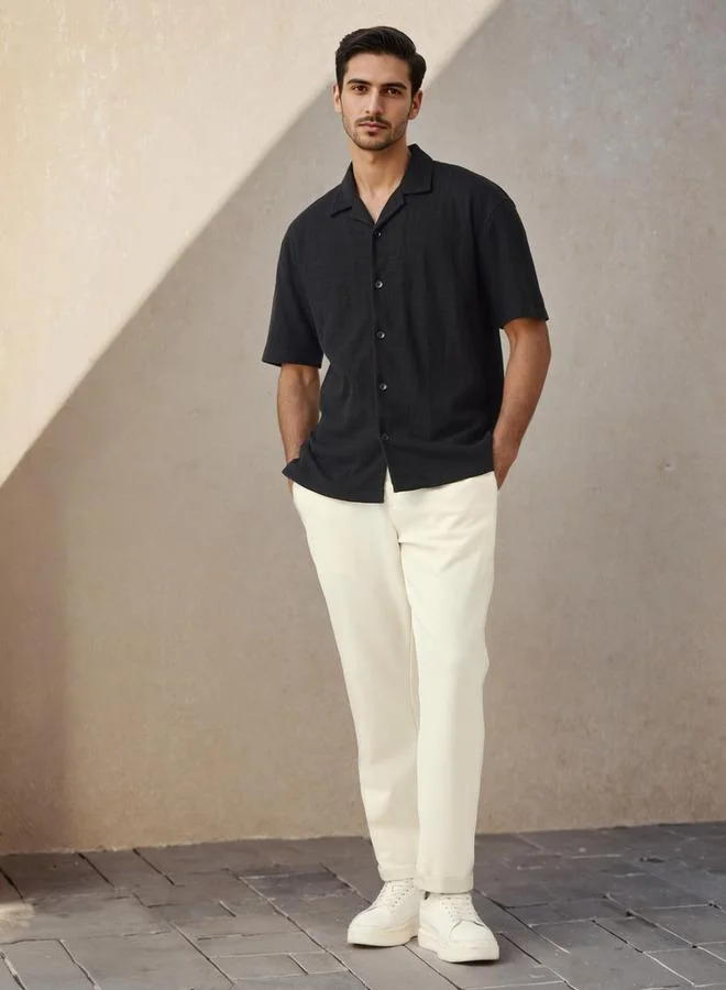 Iconic Iconic Regular Fit Textured Shirt with Camp Collar