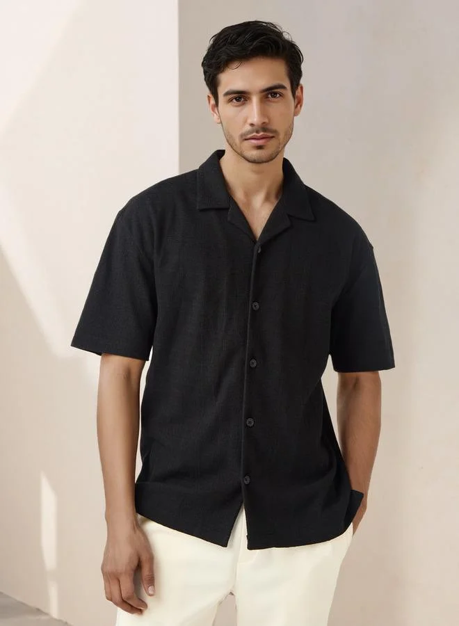Iconic Iconic Regular Fit Textured Shirt with Camp Collar